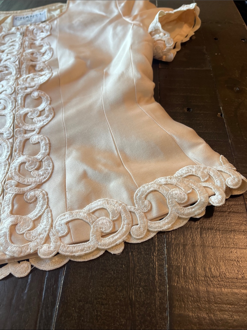CHANEL Cream Silk Short Sleeve Top with Embroidered Loop Trim - Picture 11 of 16